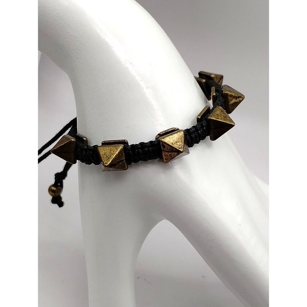 Vintage Mixed Metal Pyramid Shaped Beads on a Braided Rope Adjustable Bracelet
